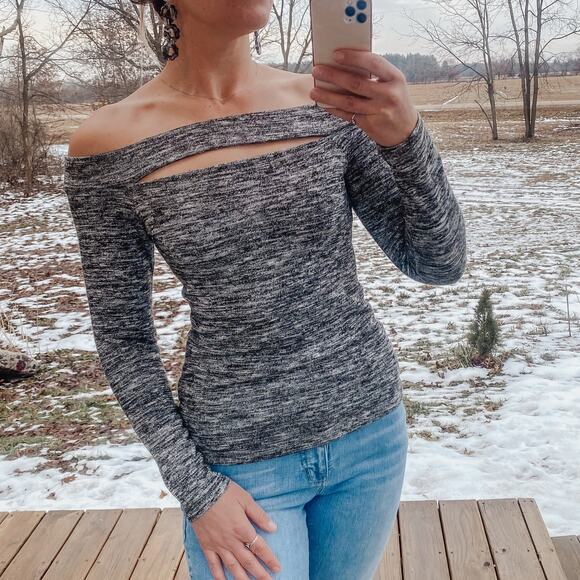 Venus Tops - Venus dark gray off the shoulder long sparkly sleeve top